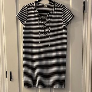 J. Crew Black and White Striped Lace-Up Shift Dress